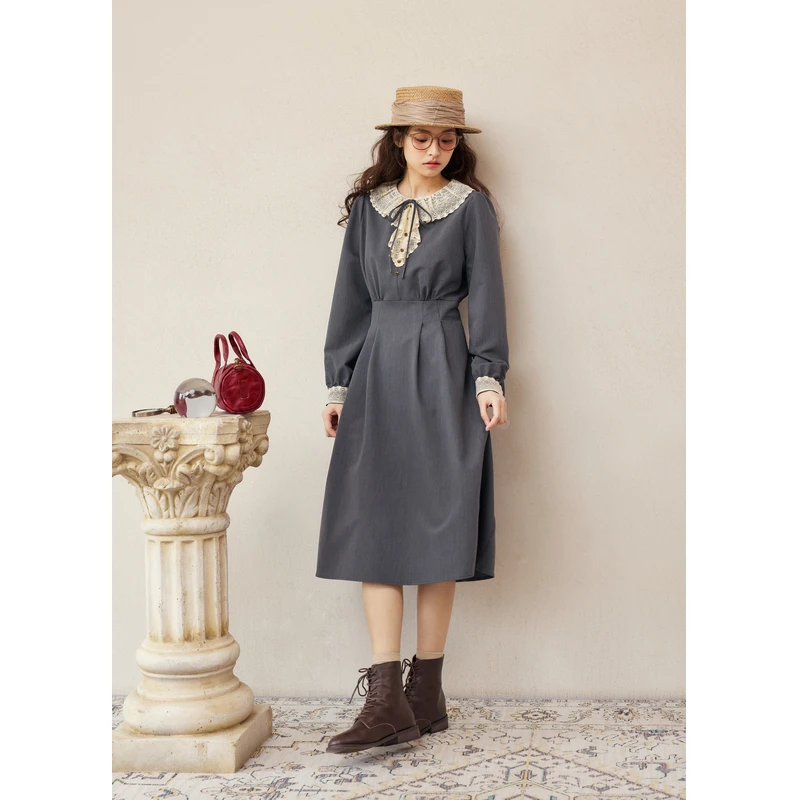 紫涵蕾丝花边圆领长袖连衣裙女秋季新款A字中长裙Z4Z07BS260