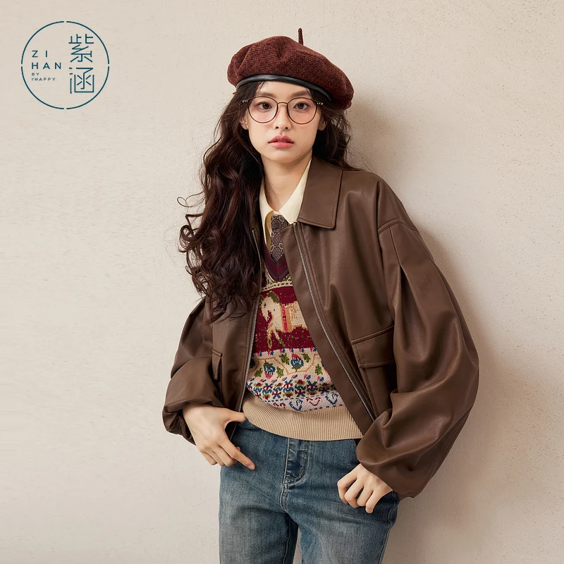 紫涵短款宽松皮衣外套女秋季新款美拉德翻领夹克上衣Z4Z07BS216