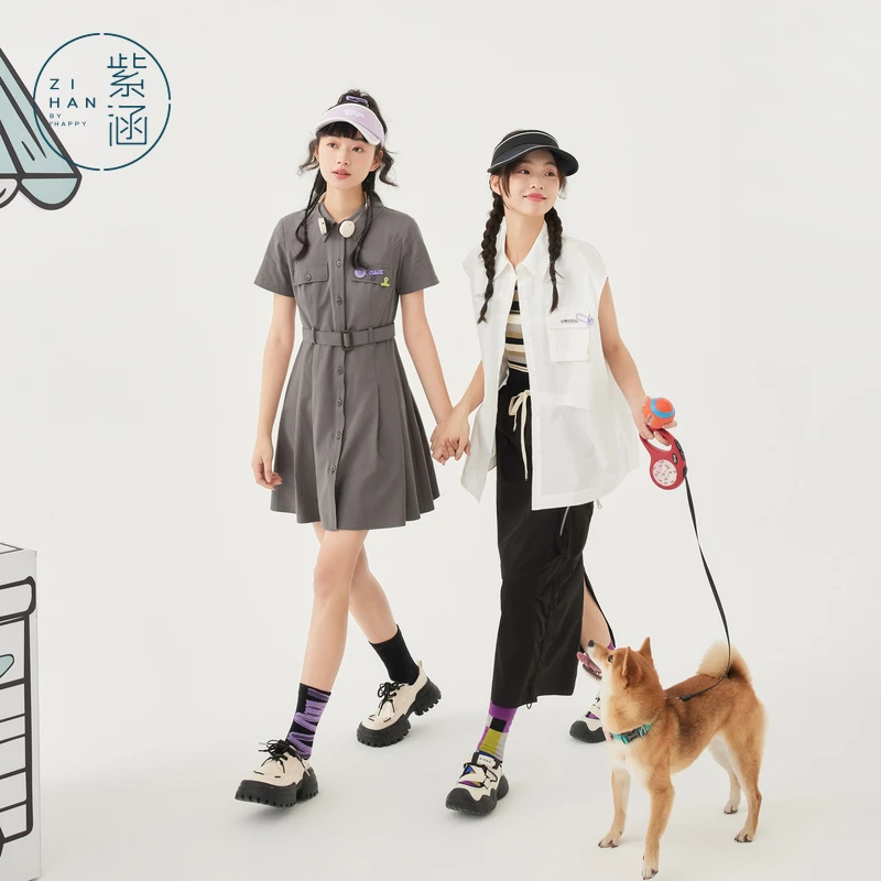 紫涵收腰短袖衬衫连衣裙女夏季甜酷工装百褶短裙Z4Z03CS039