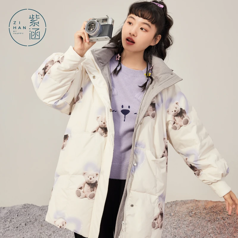 紫涵小熊印花中长款连帽羽绒服女冬季新款宽松保暖鸭绒Z3Z11HS812