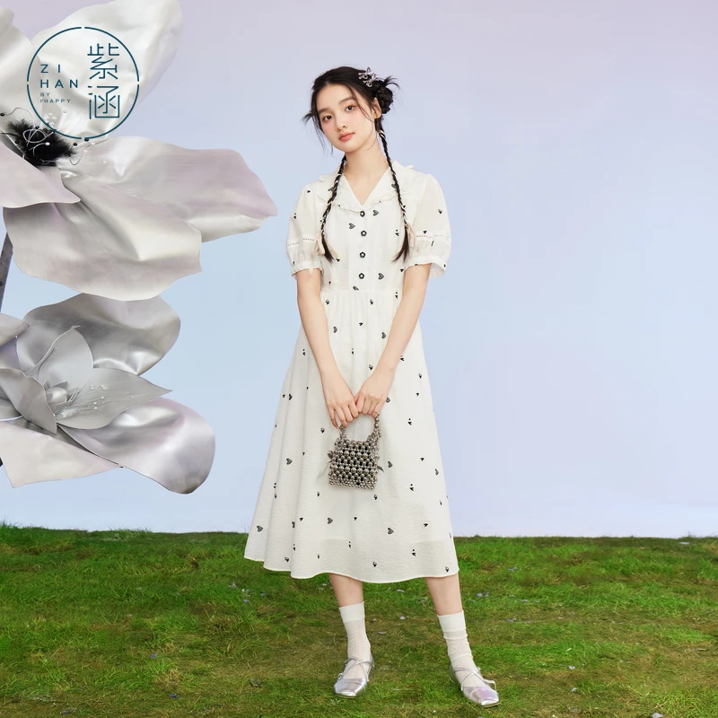 紫涵爱心波点连衣裙女夏季新款甜美学院风翻领Z4Z03AN031