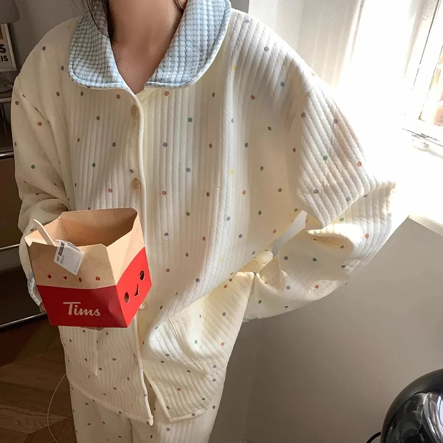 小清新甜美可爱波点印花夹棉睡衣女新款冬季夹层空气棉家居服套装