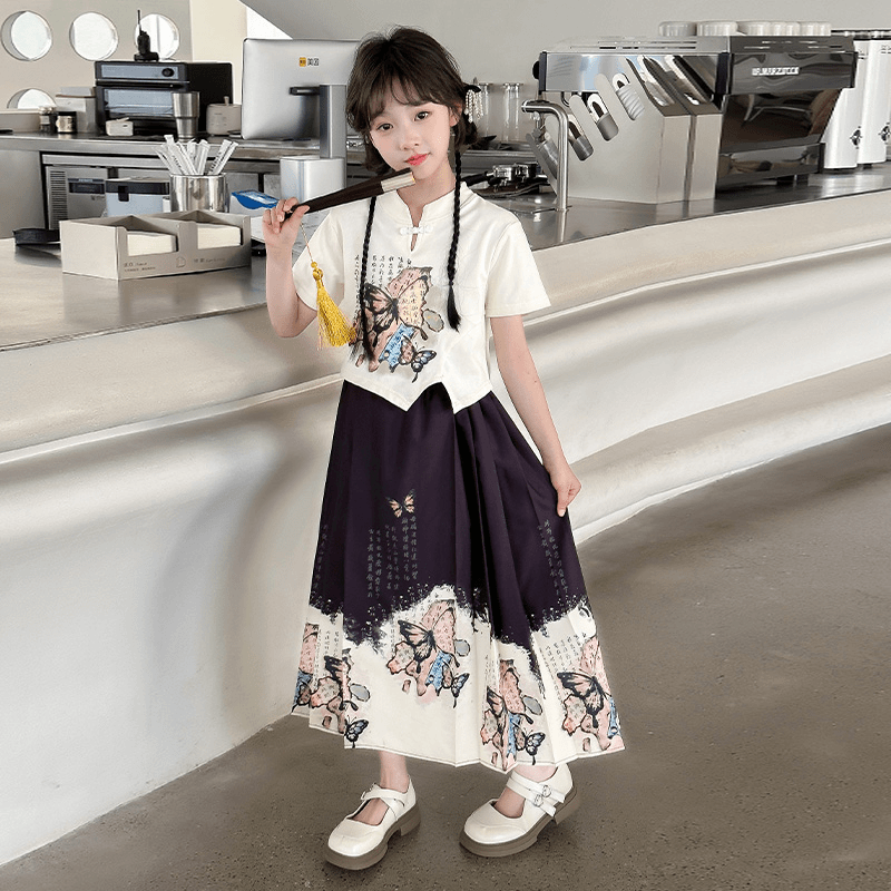 女童马面裙中国风2024款改良版唐装汉服新中式短袖中大童古风两件