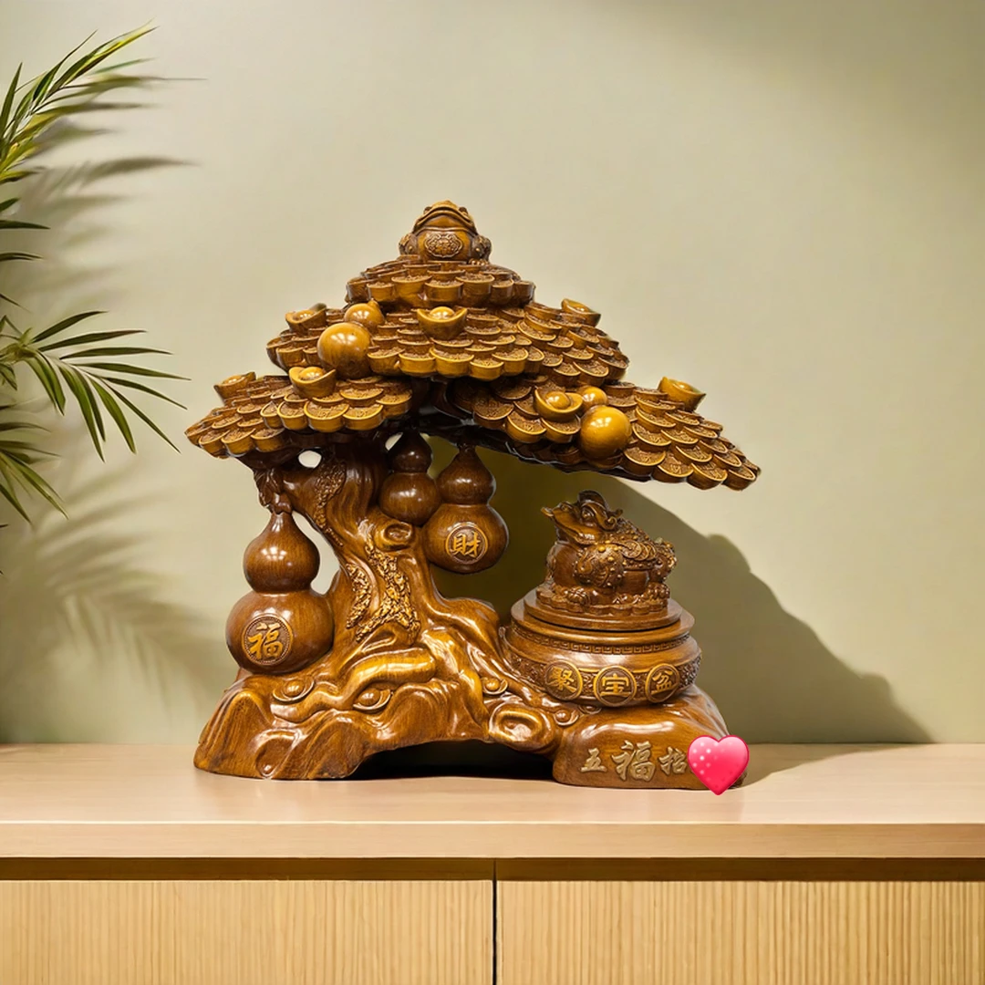 【发财树】五福招财带可旋转金蟾中式高档送人送礼客厅玄关桌面摆件