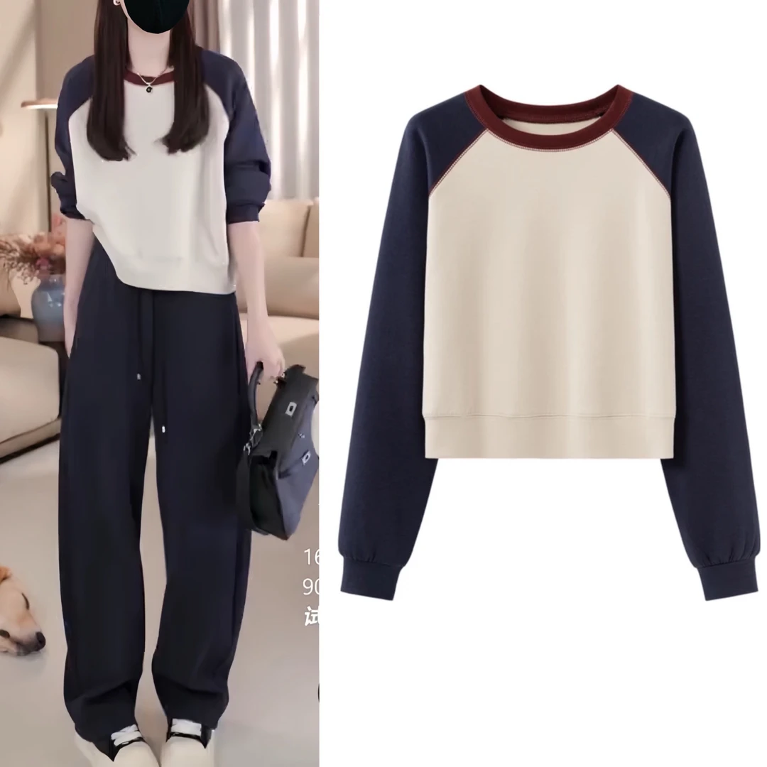 小个子撞色卫衣女早秋新款圆领套头百搭显瘦洋气上衣潮2024