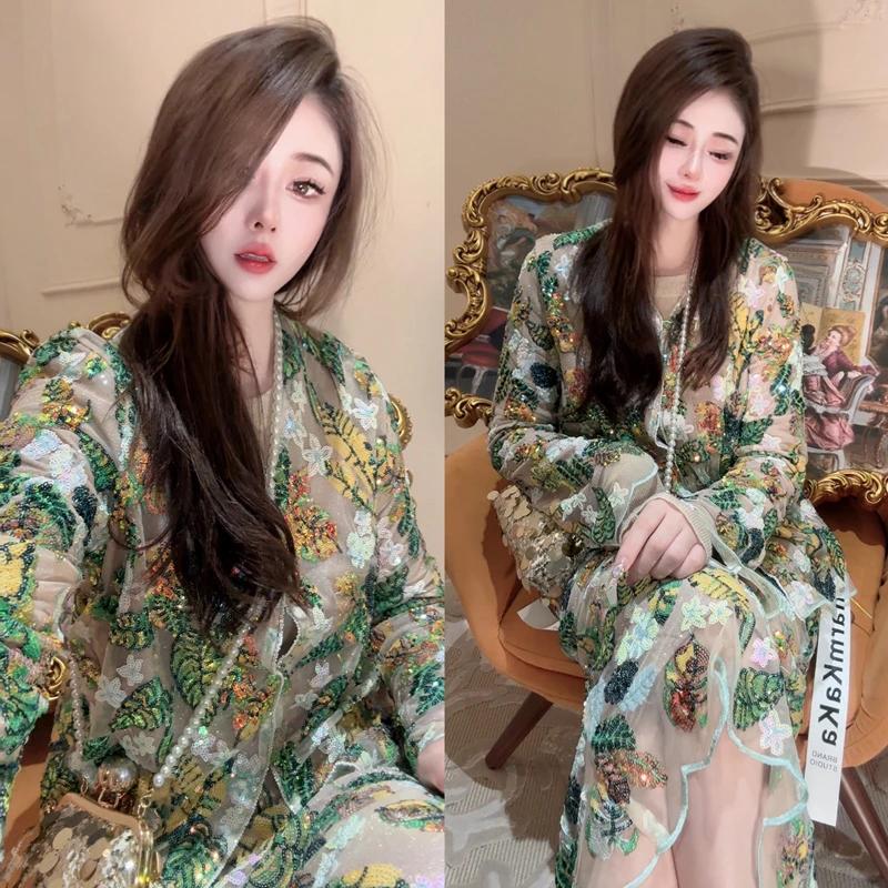 【盛世繁花】90312串珠镶边亮片刺绣绿叶外套