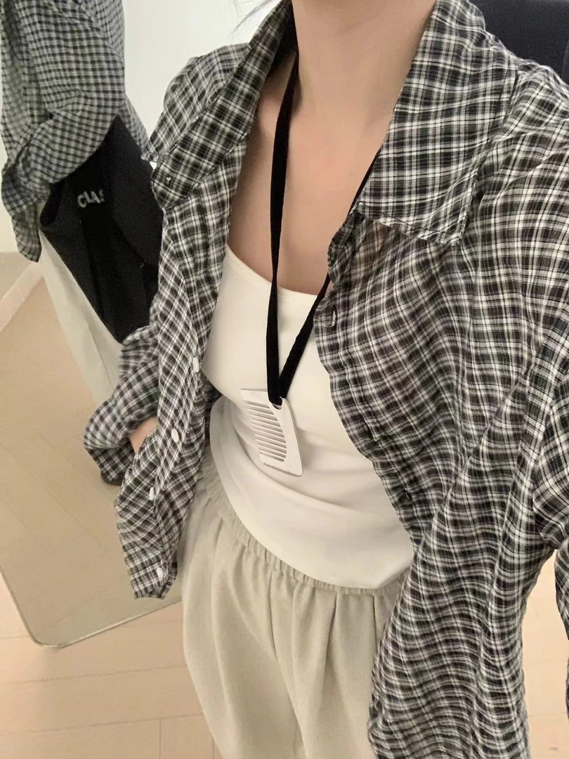 衣长70  休闲宽松格子长袖防晒衬衣 30156