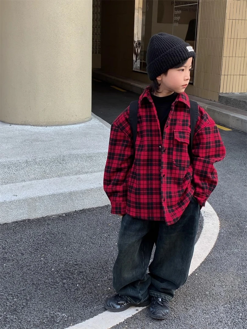 源源家童装2023新款男童衬衫长袖儿童格子衬衣冬款宝宝上衣加绒潮