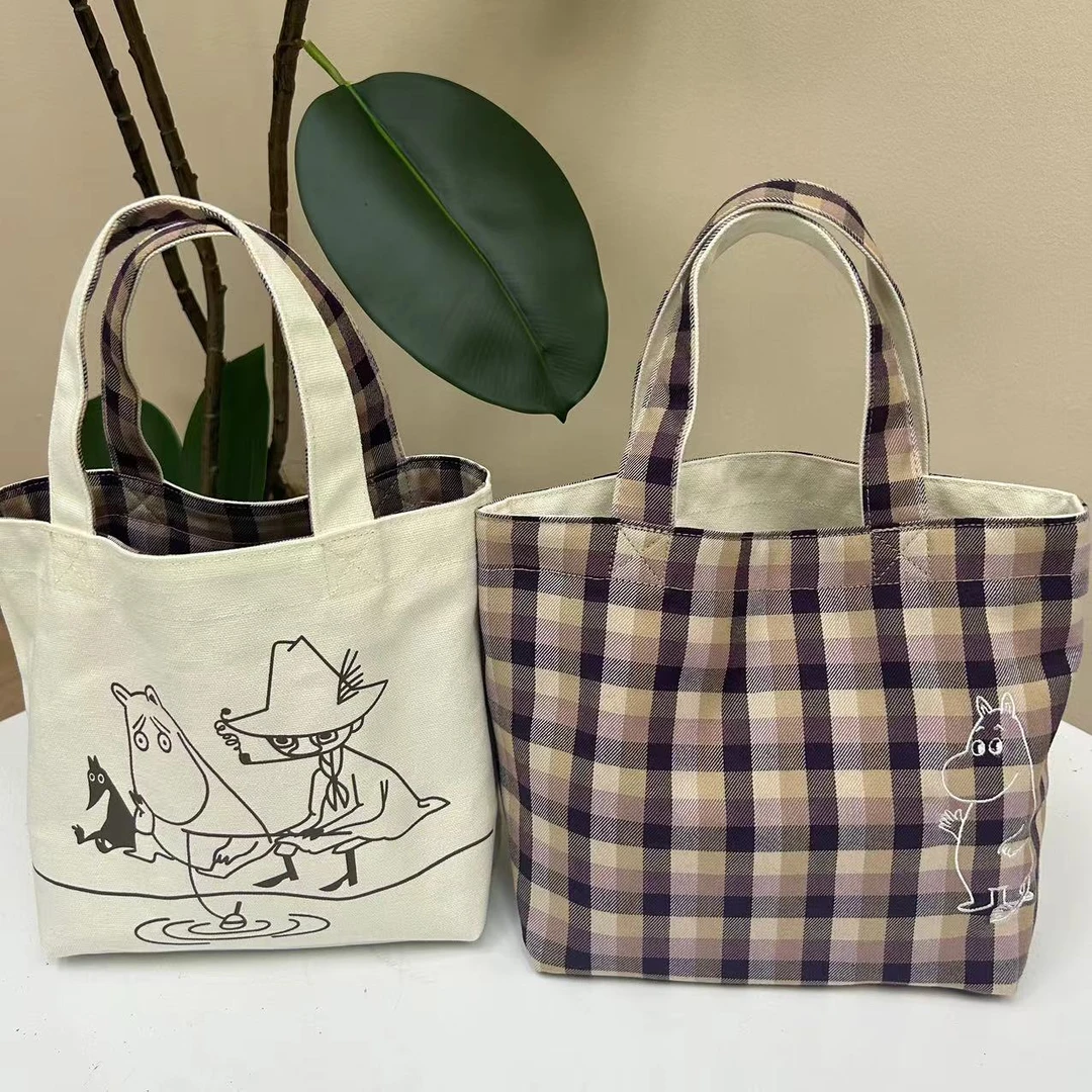 28x20x12cm新款日系双面饭盒重磅帆布可爱卡通手拎包咖紫色姆明