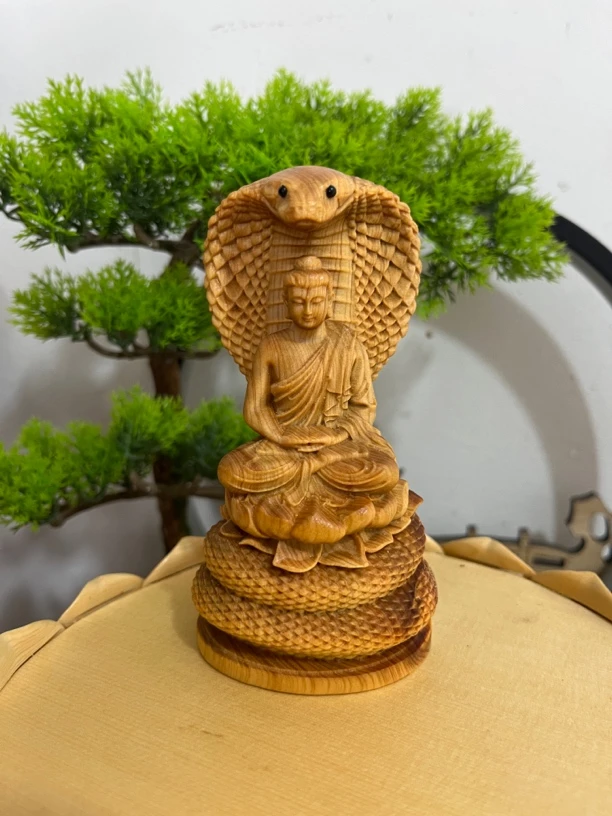 柏木雕刻释迦摩尼蛇佛佛像家居装饰工艺品摆件