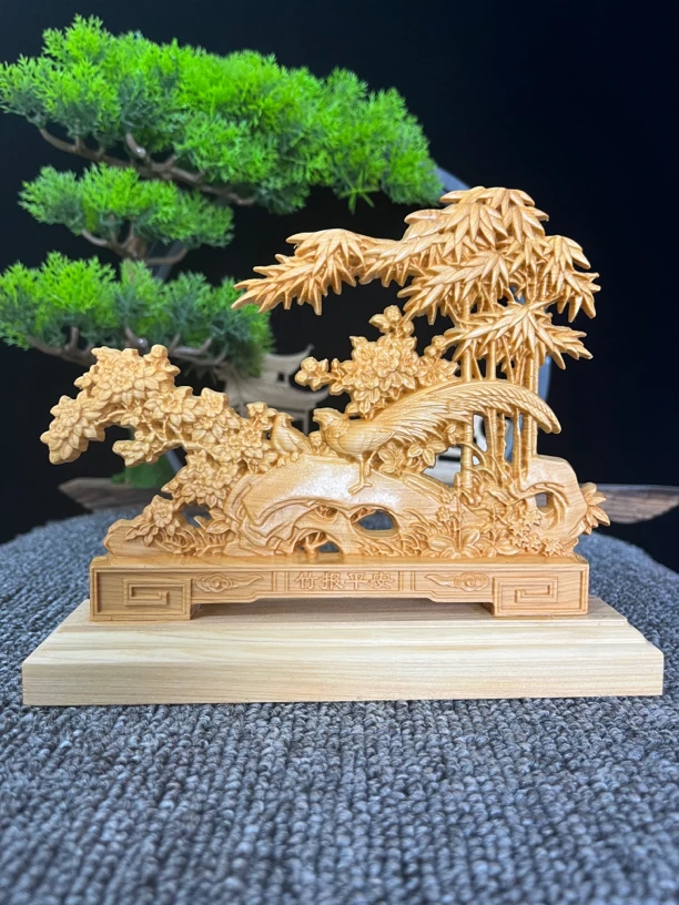 柏木竹报平安屏风木雕工艺品长18/15