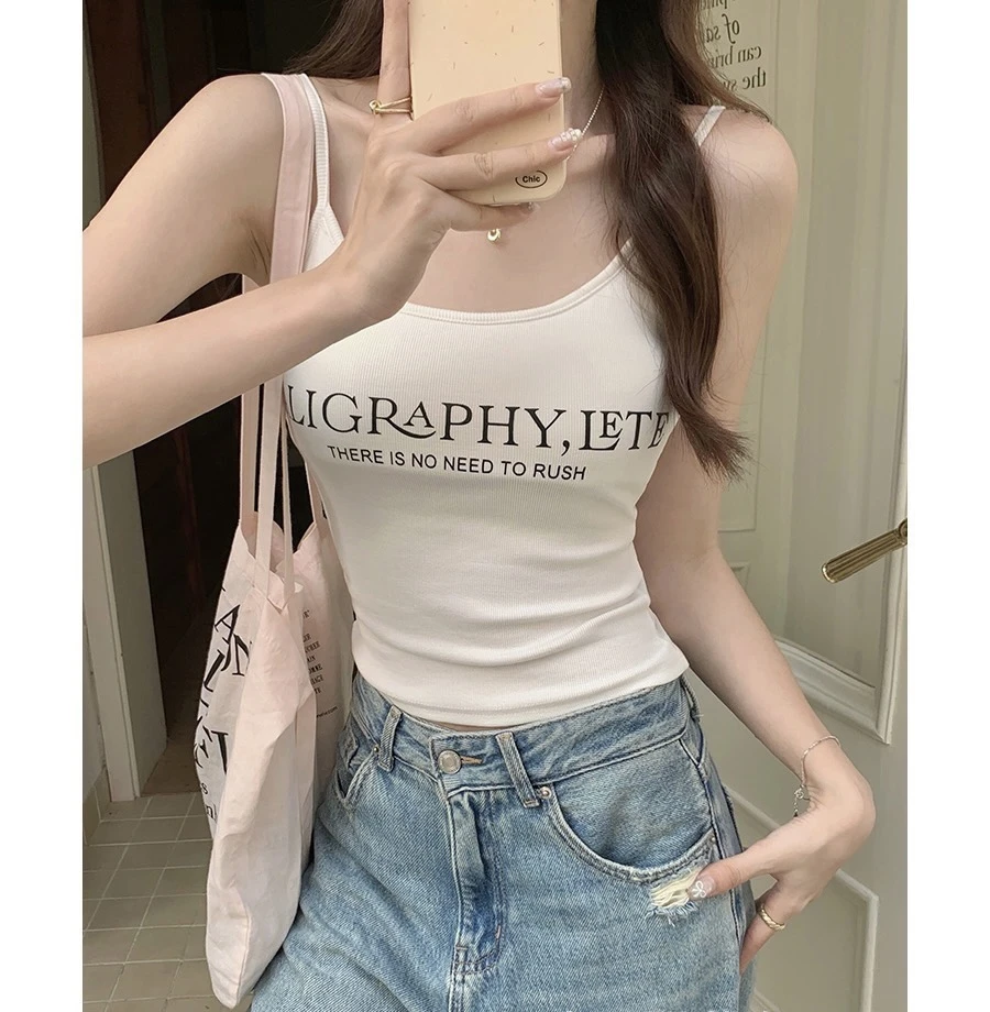 美式印花甜辣无袖吊带背心女带胸垫夏季外穿U型露背上衣