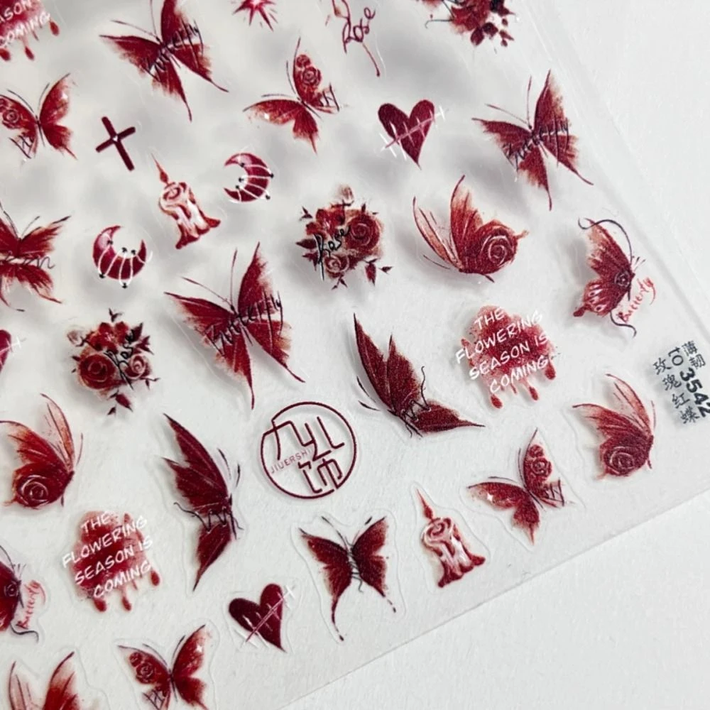 新款红色浮雕爱心美甲贴纸爆款日系暗黑蝴蝶玫瑰指甲DIY装饰贴画