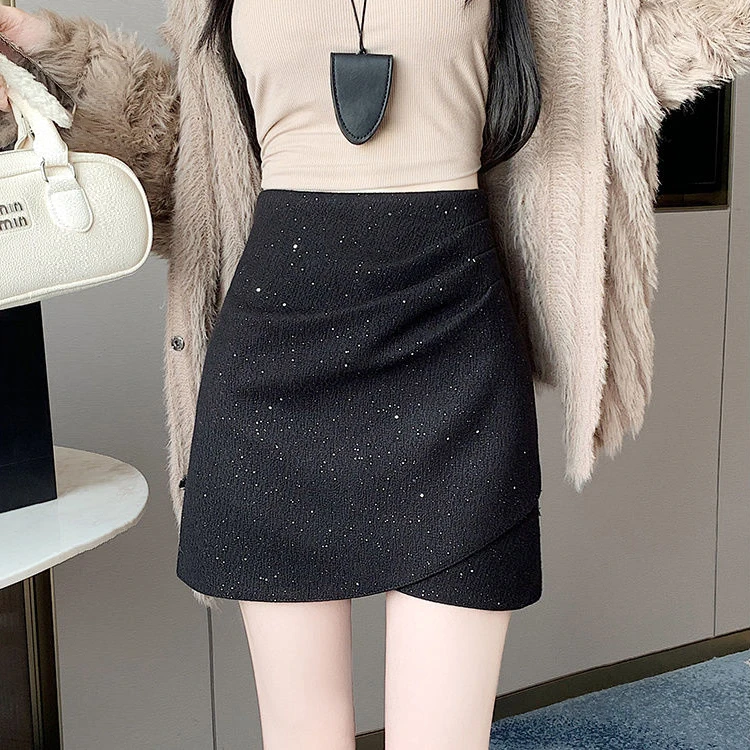 亮片毛呢半身裙秋冬2025新款高腰不规则A字裙显瘦包臀裙百搭短裙
