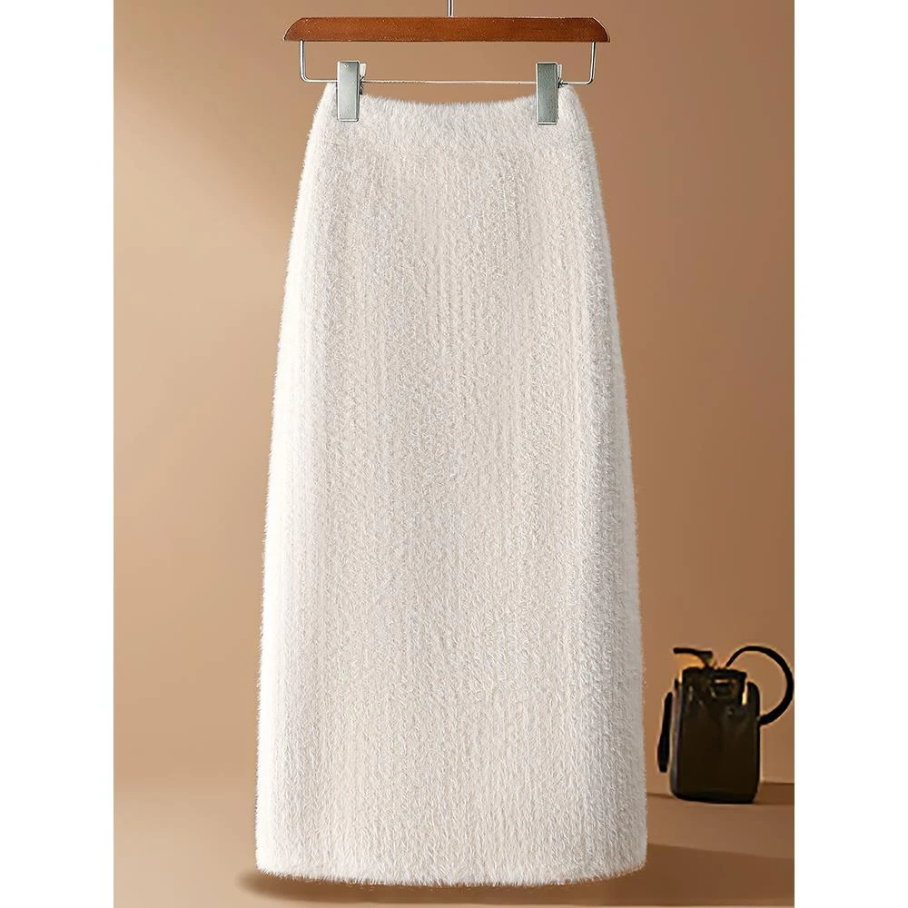 水貂绒针织半身裙女秋冬季新款高腰显瘦中长款保暖加厚开叉包臀裙