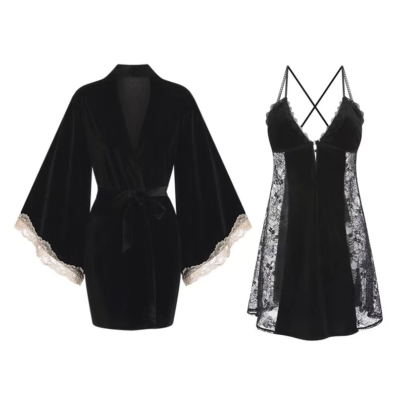 性感纯欲睡衣蕾丝纯色吊带裙系带晨袍家居服套装