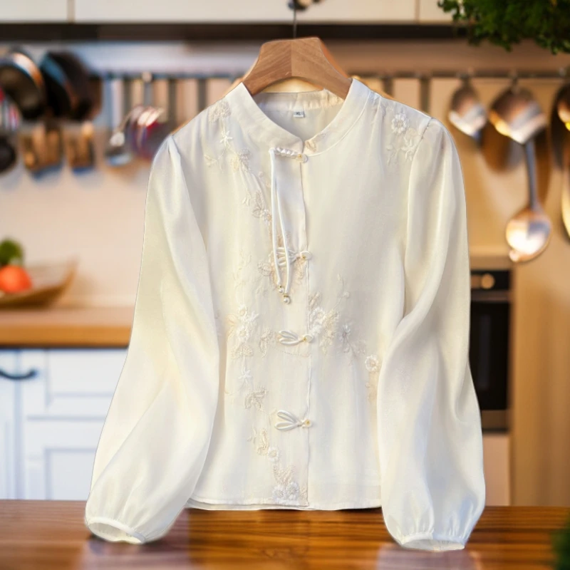 2024夏季新款衬衫上衣衬衣长袖白色新中式复古重工刺绣提花绣花