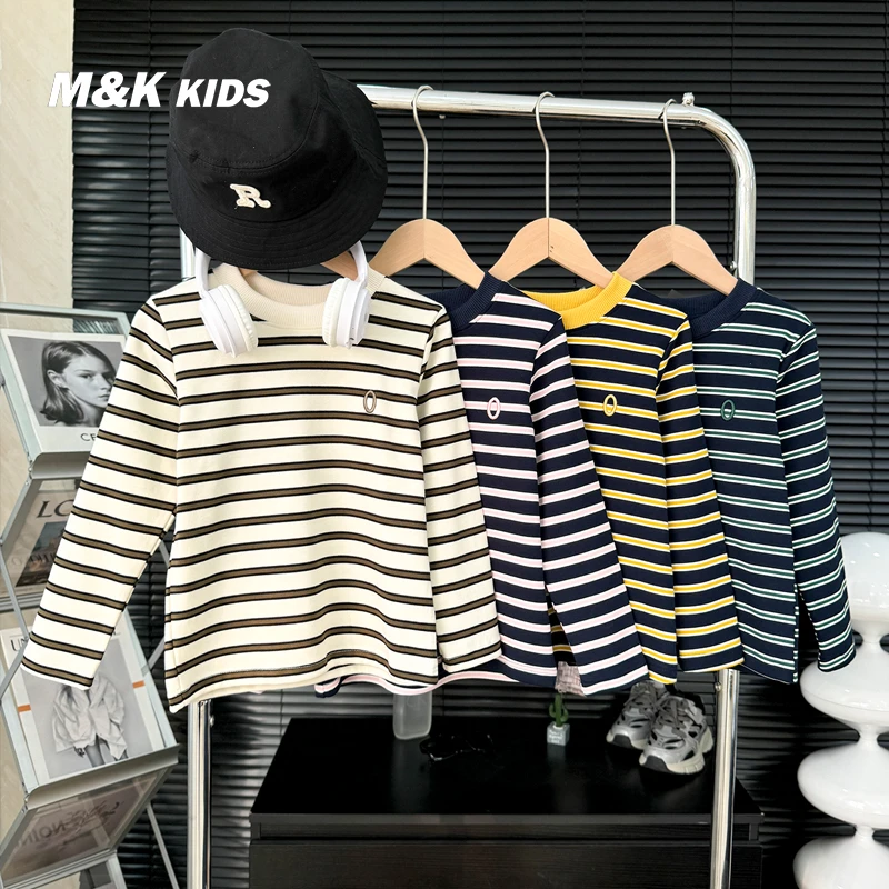 秋季儿童插肩新款2024纯棉长袖T恤圆领套头条纹打底衫