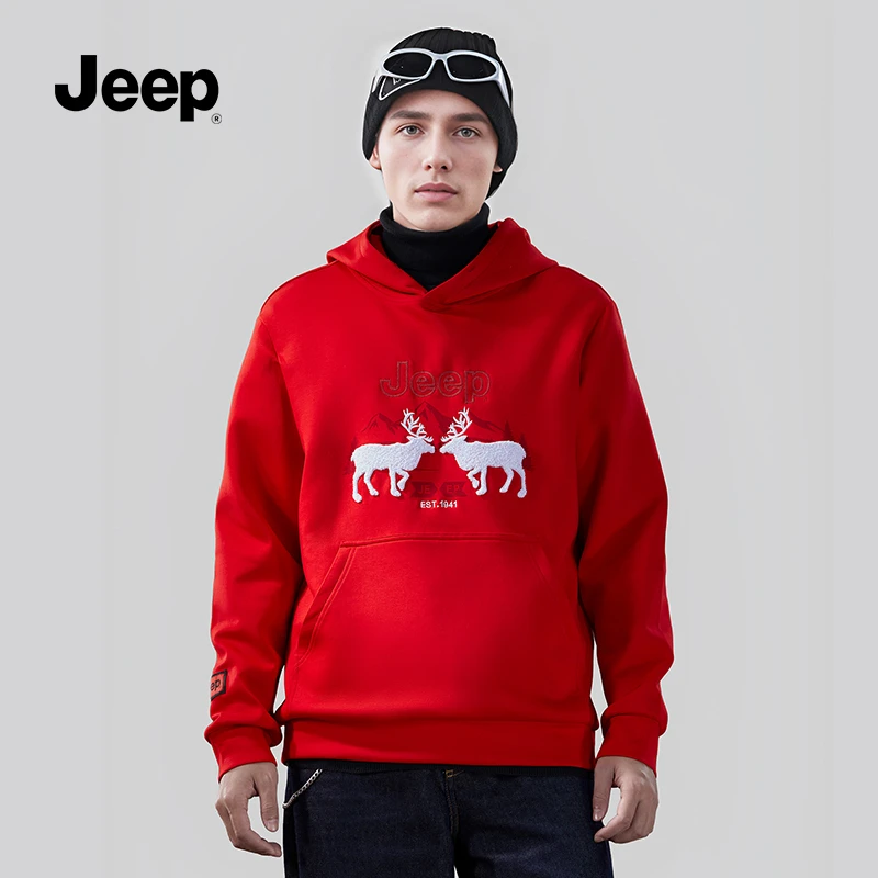 JEEP吉普春季新款男士长袖卫衣男装连帽休闲潮流红色印花上衣