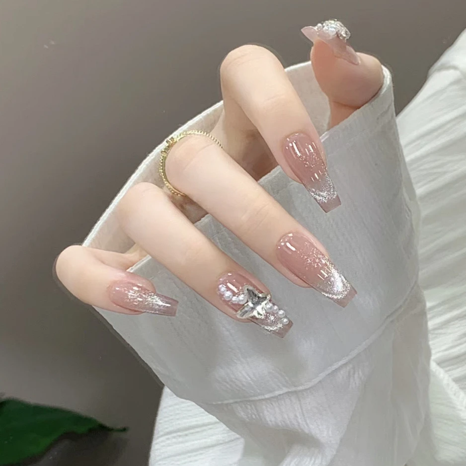 法式猫眼10片光手工穿戴甲猫眼法式蝴蝶美甲甲片