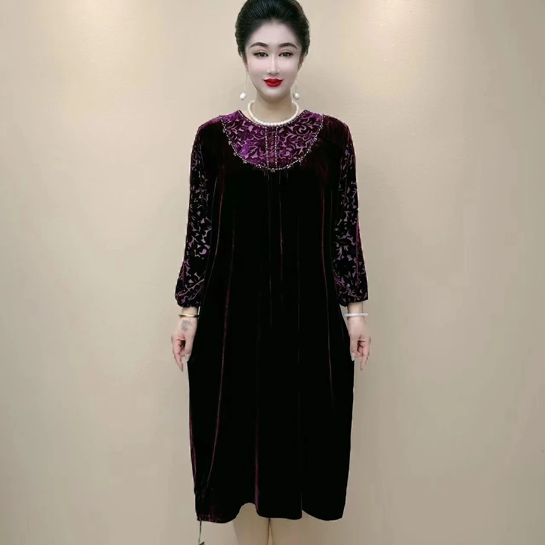 桑蚕丝精致优雅高端大气丝绒秋冬蕾丝拼接女装连衣裙1166