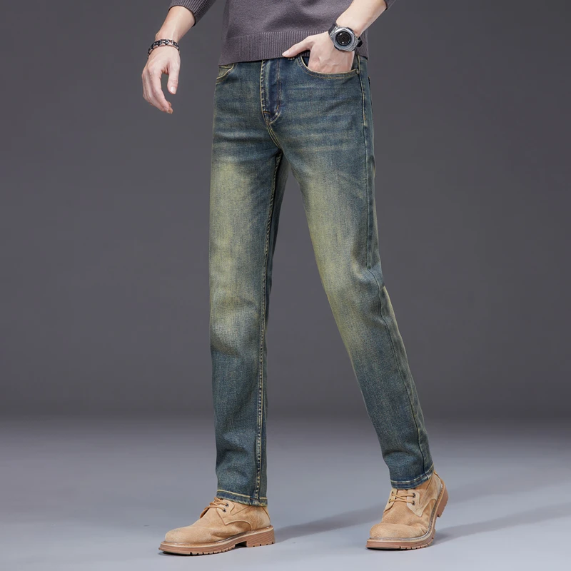 时潮复古潮流牛仔裤男士小直筒时尚休闲百搭修身男牛仔裤子弹力