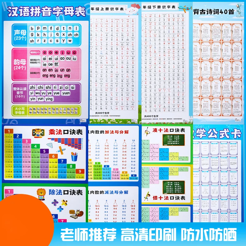 儿童学习挂图全套 拼音字母乘除加减口诀表 家训家规挂图
