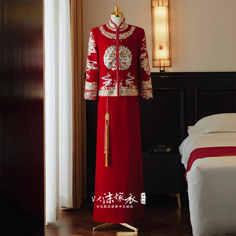 丝绒秀禾服新郎结婚礼服男装新郎服中式唐装龙凤褂春夏季新郎装
