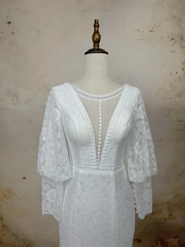 高端蕾丝长袖鱼尾晚礼服显瘦气质白色夏季镂空新娘设计师宴会