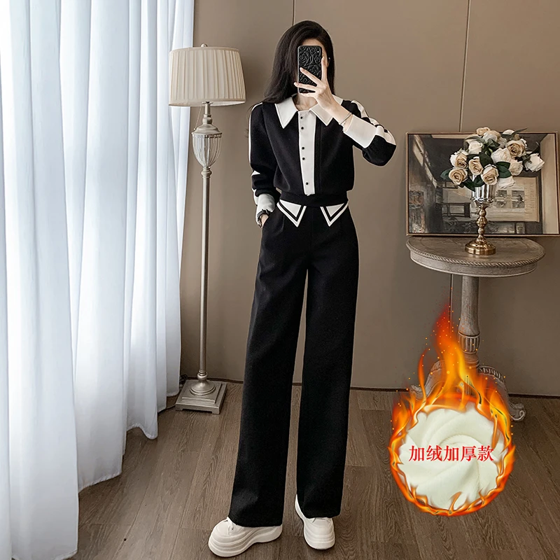 时尚宽松洋气套装女2025年冬季新款加绒加厚卫衣上衣阔腿裤两件套