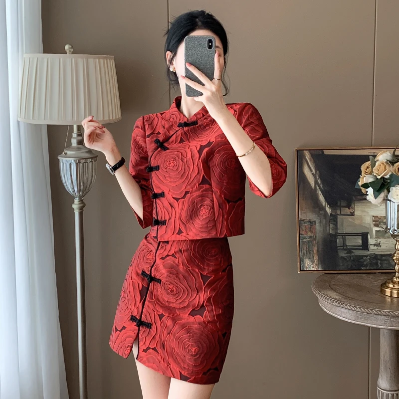 小个子中国风时尚套装裙2025秋新款女装时尚新中式上衣半裙两件套