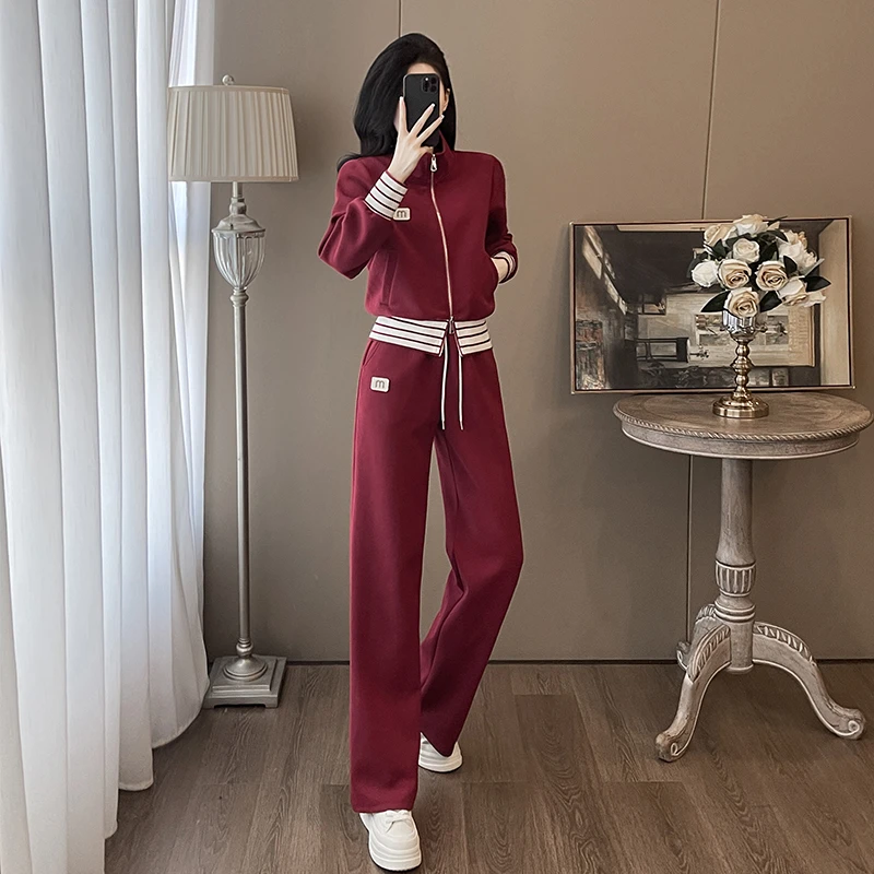 时尚休闲酒红套装女2026春季新款宽松显瘦拉链开衫上衣阔裤两件套