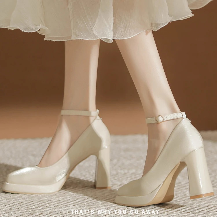 防水台高跟鞋女粗跟缎面玛丽珍鞋子小个子春季方头一字扣婚鞋单鞋