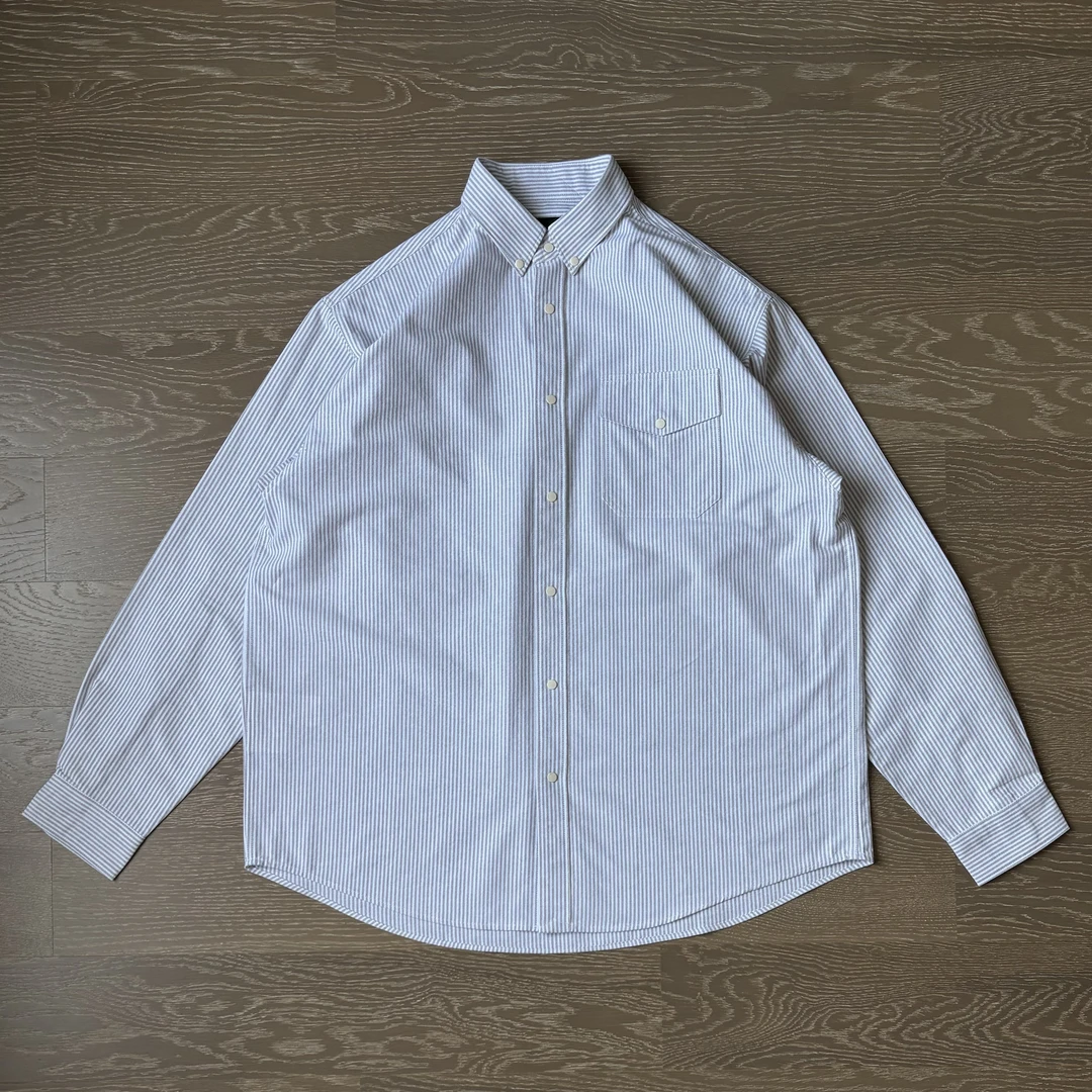 定制铜扣~美式复古色织纯棉水洗牛津纺长袖条纹山系衬衫男女日系