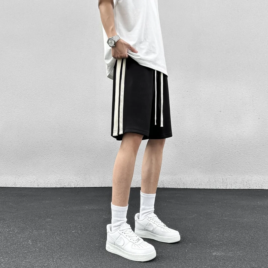 美式条纹夏季新款男士运动宽松潮流百搭ins港风简约五分裤重磅