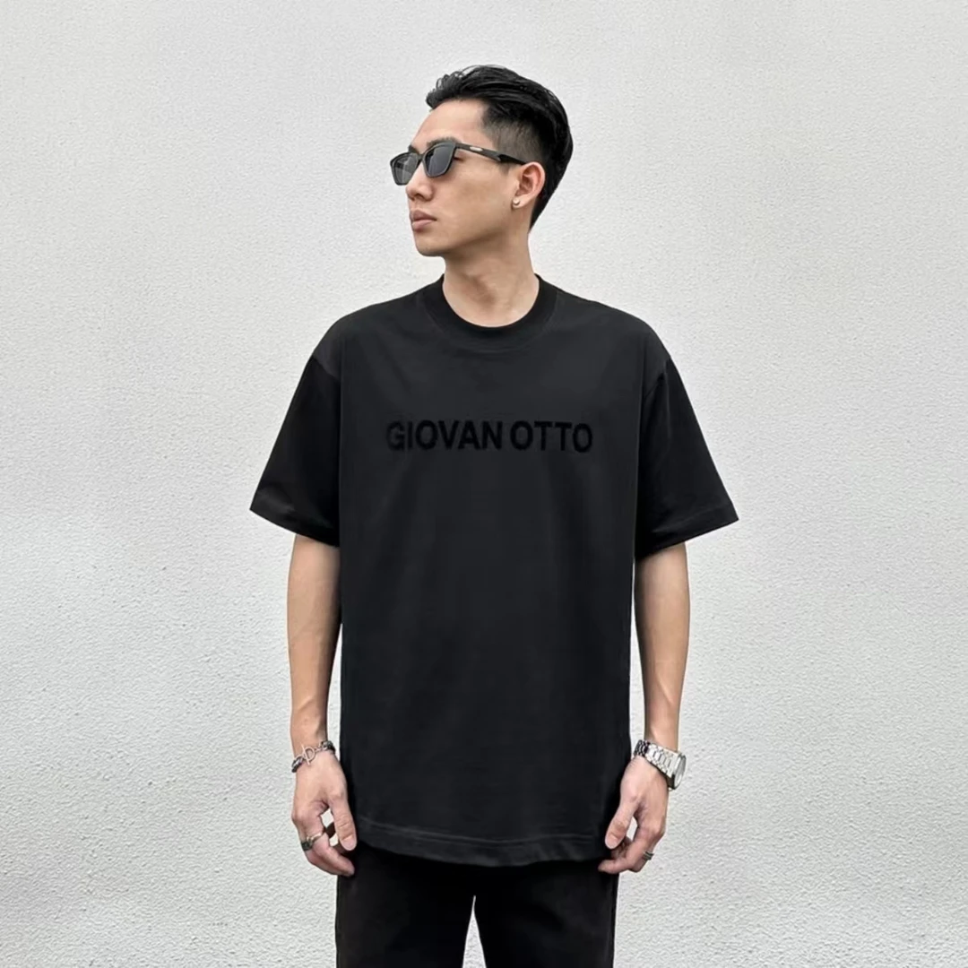 夏季黑色基础款植绒字母短袖T恤男潮牌宽松简约美式男生半袖体恤