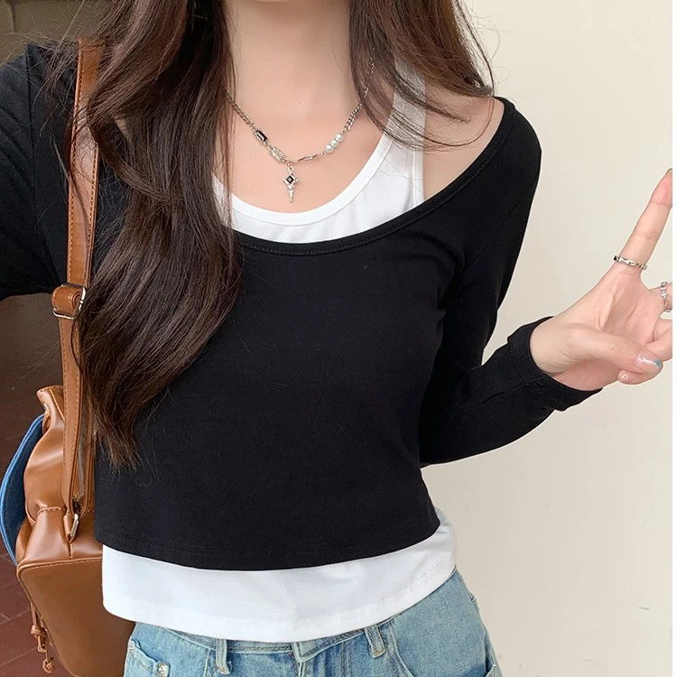 韩版长袖t恤女假两件上衣女2025新款爆款甜辣风显瘦设计感百搭ins