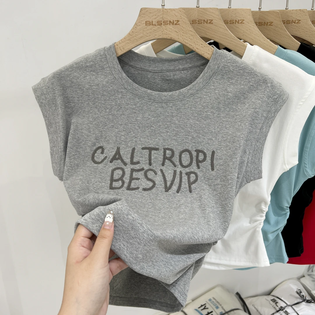 灰色字母刺绣收腰正肩短袖精致t恤女夏季小众修身短款小个子上衣