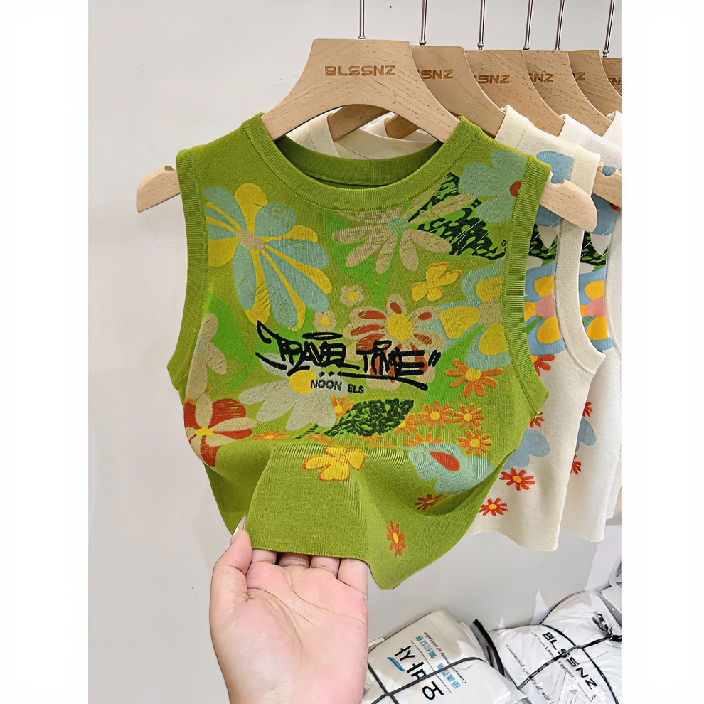 泰式小吊带背心女内搭2025新款夏季绿色印花设计感打底短款上衣潮