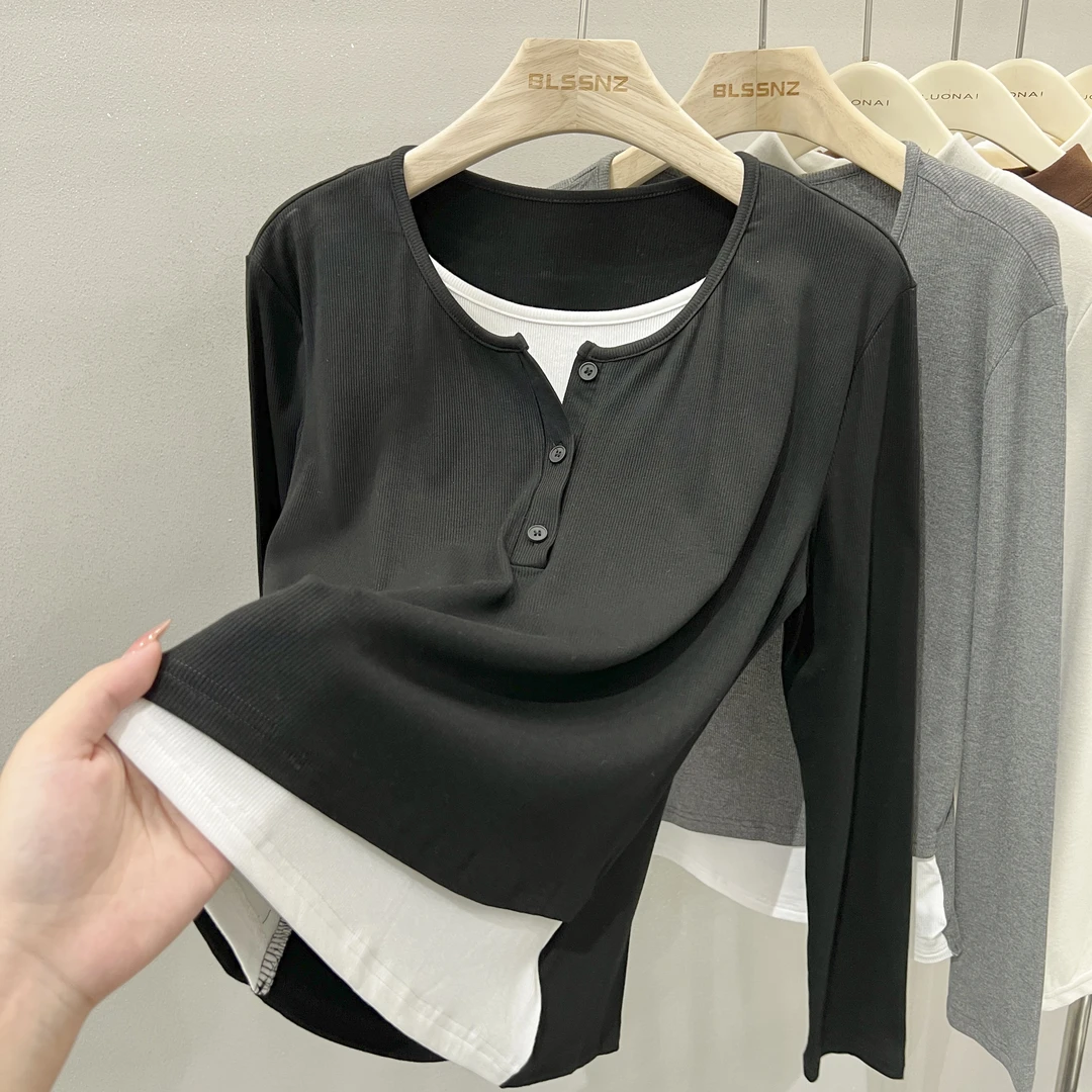不规则拼接长袖t恤女2024秋季独特别致撞色上衣内搭纯棉打底衫女
