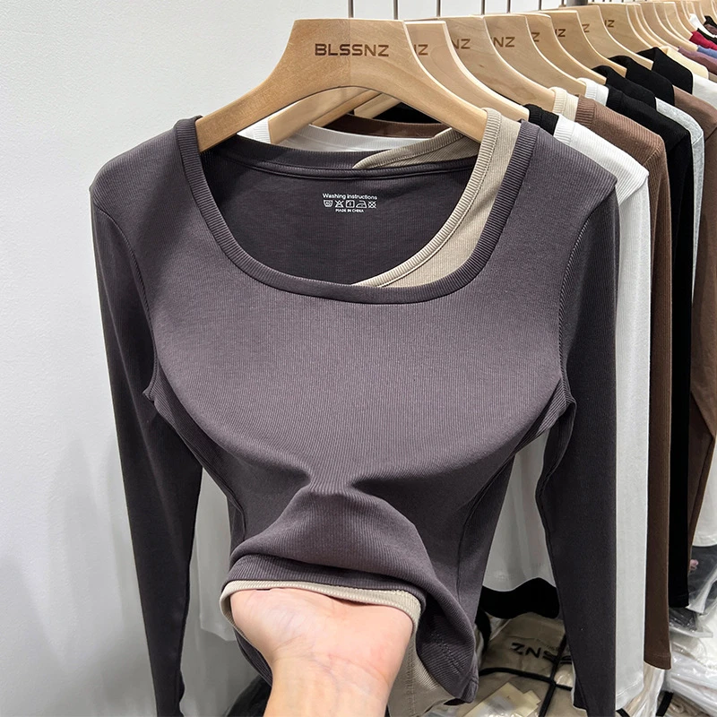 22C3688长袖t恤女2025初秋新款小衫修身短款假两件上衣打底衫女