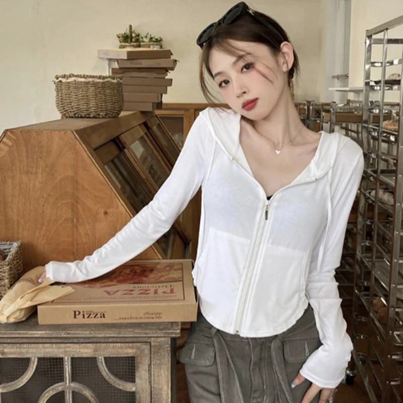 22C3617连帽防晒开衫女长袖t恤秋季修身抽绳短款外套休闲薄款上衣