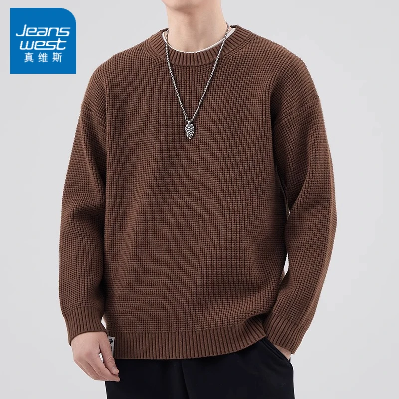 真维斯秋冬季新款圆领针织衫男士潮牌宽松休闲慵懒风青年毛衣外套