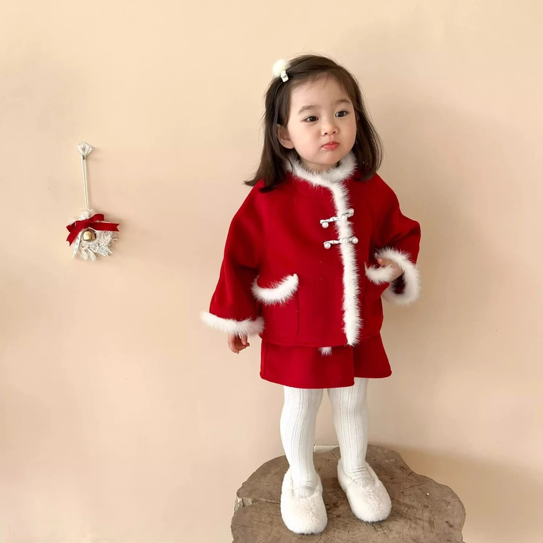 女童儿童爆款拜年中国新款宝宝新年冬季喜庆红色汉服马面套装