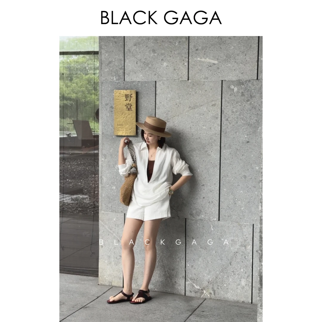 BLACK GAGA【奢级亚麻】100亚麻 老钱风V领白衬衫廓形长袖 G2405S01