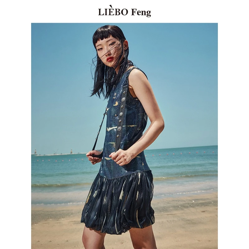 【裂帛】LIEBOFeng亮片刺绣网纱针织无袖连衣裙7321225001