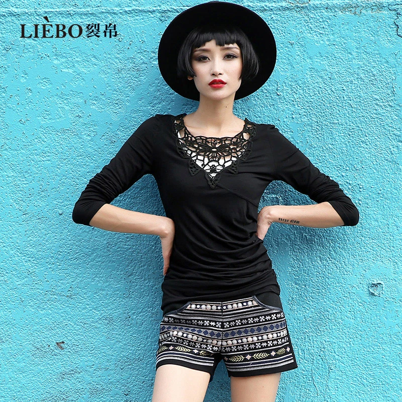 裂帛2024秋季新不对称叠褶时尚百搭蕾丝领针织长袖T恤51EO0198