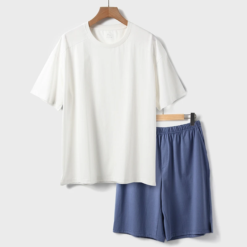 液氨棉男睡衣睡裤套装宽松可外穿短袖五分短裤夏季纯棉休闲家居服
