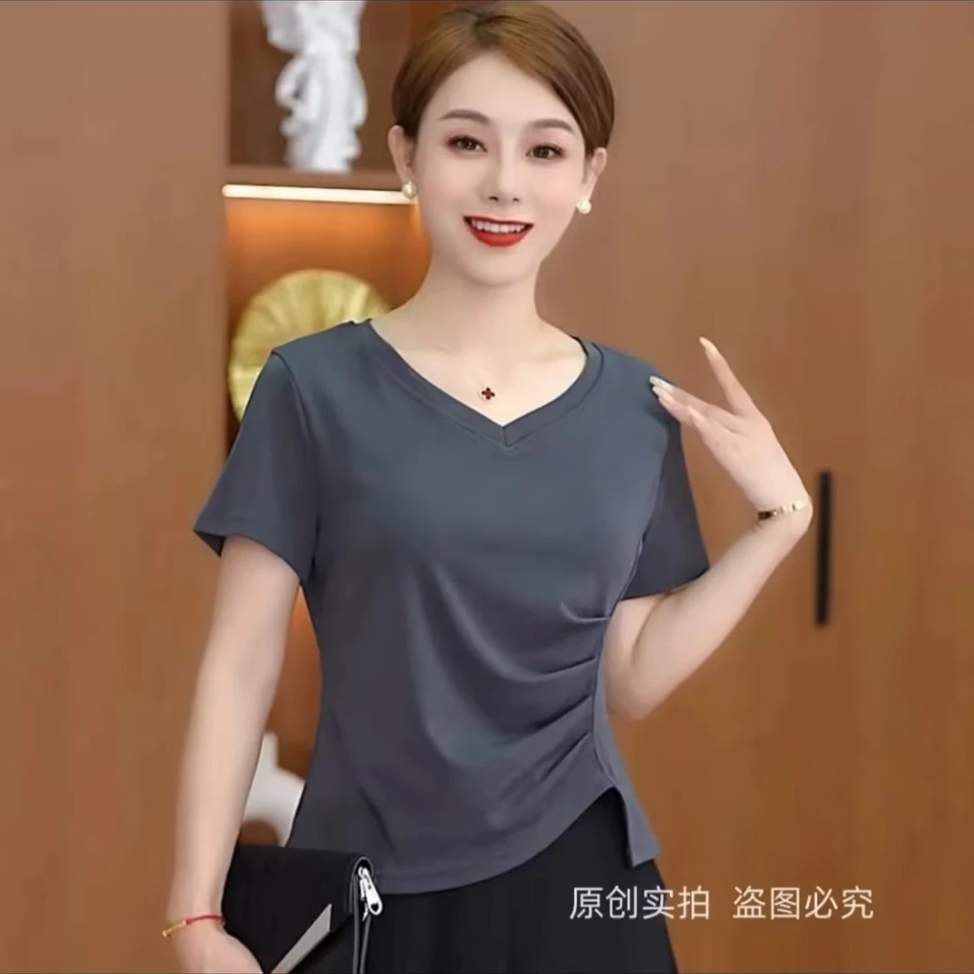 2024新款爆款女短袖T恤显瘦气质修身时尚夏季不规则上衣遮肚子