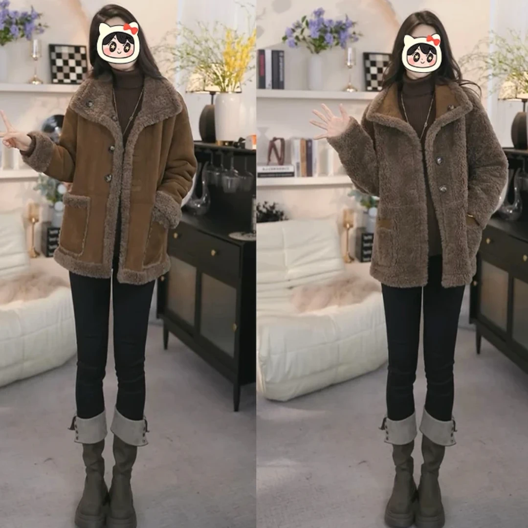 2024高端大气时尚百搭西服领双排扣秋冬加绒加厚女装毛毛外套